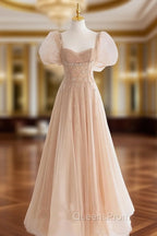 Chamapgne Beaded Short Sleeves Tulle A-line Evening Prom Dress, Champagne Party Dress