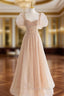 Chamapgne Beaded Short Sleeves Tulle A-line Evening Prom Dress, Champagne Party Dress