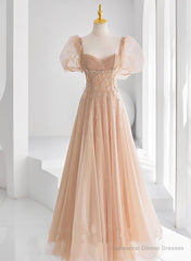 Chamapgne Beaded Short Sleeves Tulle A-line Prom Dress, Champagne Party Dress