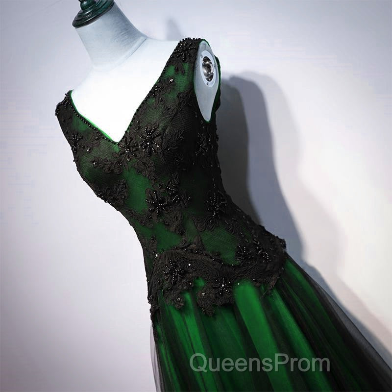 Chaming Black And Green Tulle V-Neckline Long Party Dress, Beautiful V-Neckline Evening Prom Dress