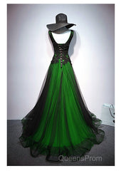 Chaming Black And Green Tulle V-Neckline Long Party Dress, Beautiful V-Neckline Evening Prom Dress