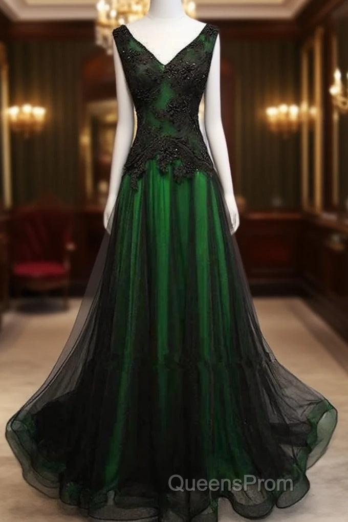 Chaming Black And Green Tulle V-Neckline Long Party Dress, Beautiful V-Neckline Evening Prom Dress Main image