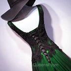 Chaming Black and Green Tulle V-neckline Long Party Dress, V-neckline Evening Prom Dress