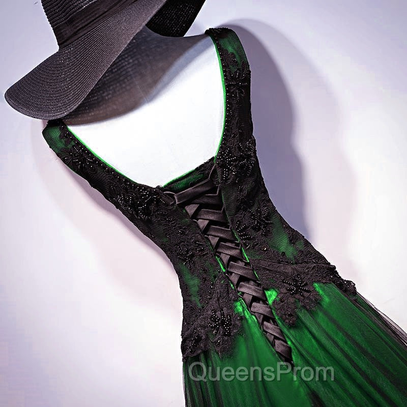 Chaming Black and Green Tulle V-neckline Long Party Dress, V-neckline Evening Prom Dress
