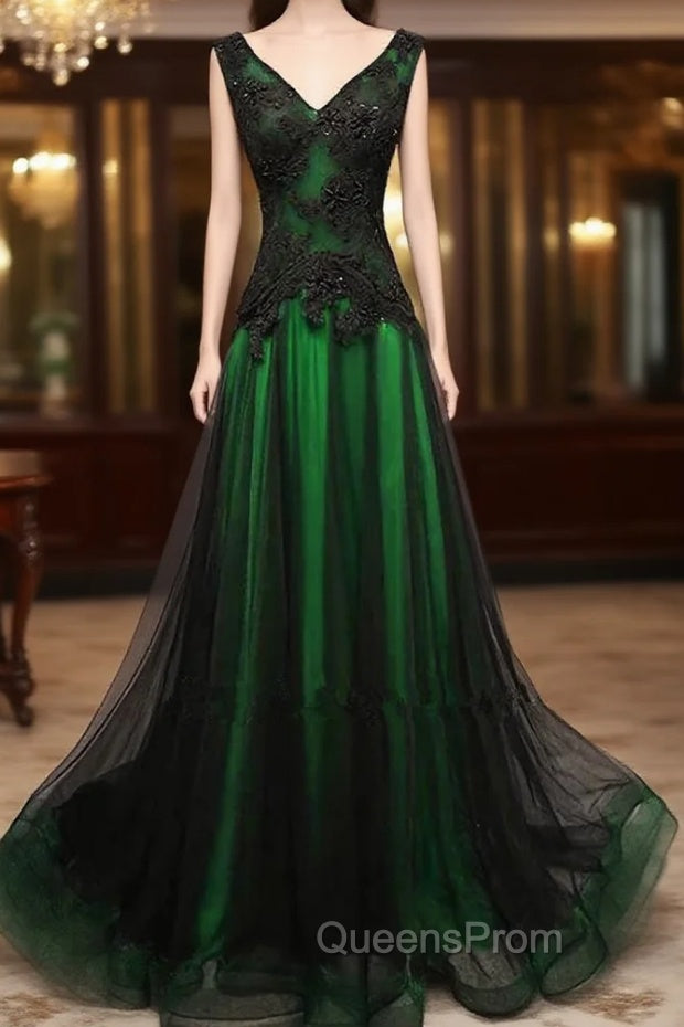 Chaming Black and Green Tulle V-neckline Long Party Dress, V-neckline Evening Prom Dress Main image