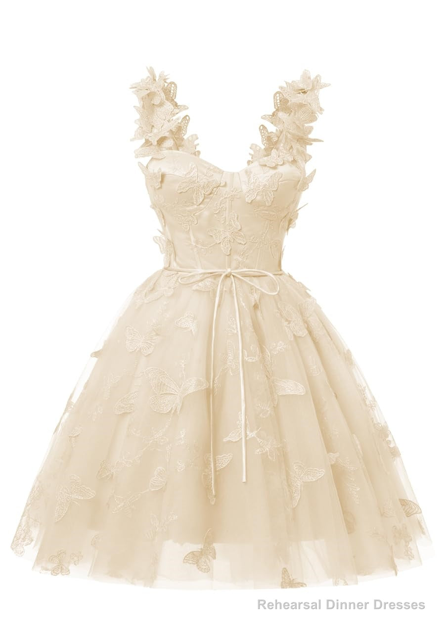 Champagne 3D Butterfly Lace Applique Tulle Homecoming Dress for Teens Sweetheart Mini Short Prom Dresses Main image