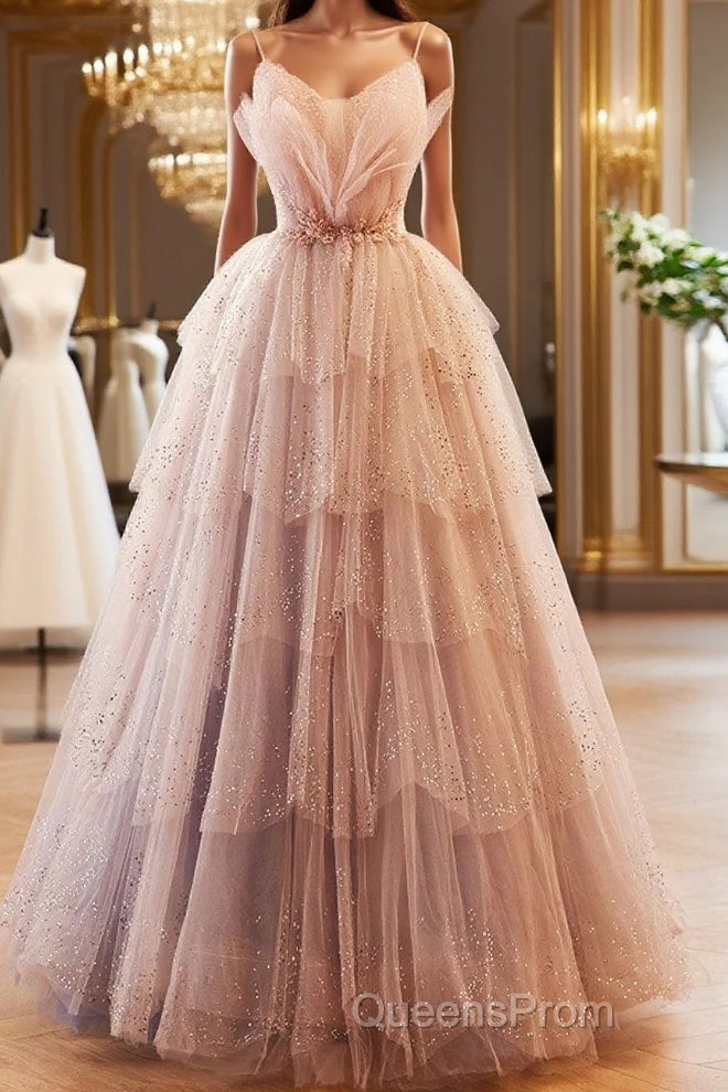 Champagne A-Line Beading Sequin Long Evening Prom Dress, Champagne Formal Dress Main image