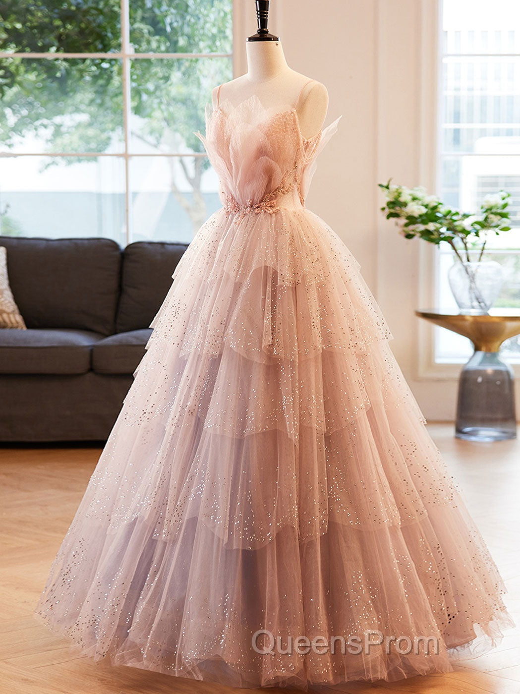 Champagne A-Line Beading Sequin Long Evening Prom Dress, Champagne Formal Dress Secondary image