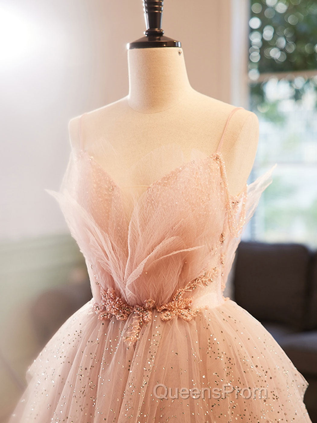 Champagne A-Line Beading Sequin Long Evening Prom Dress, Champagne Formal Dress