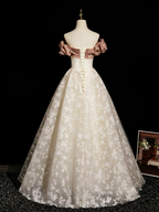 Champagne A-Line Lace Long Classy Prom Dress, Champagne Long Prom Dress