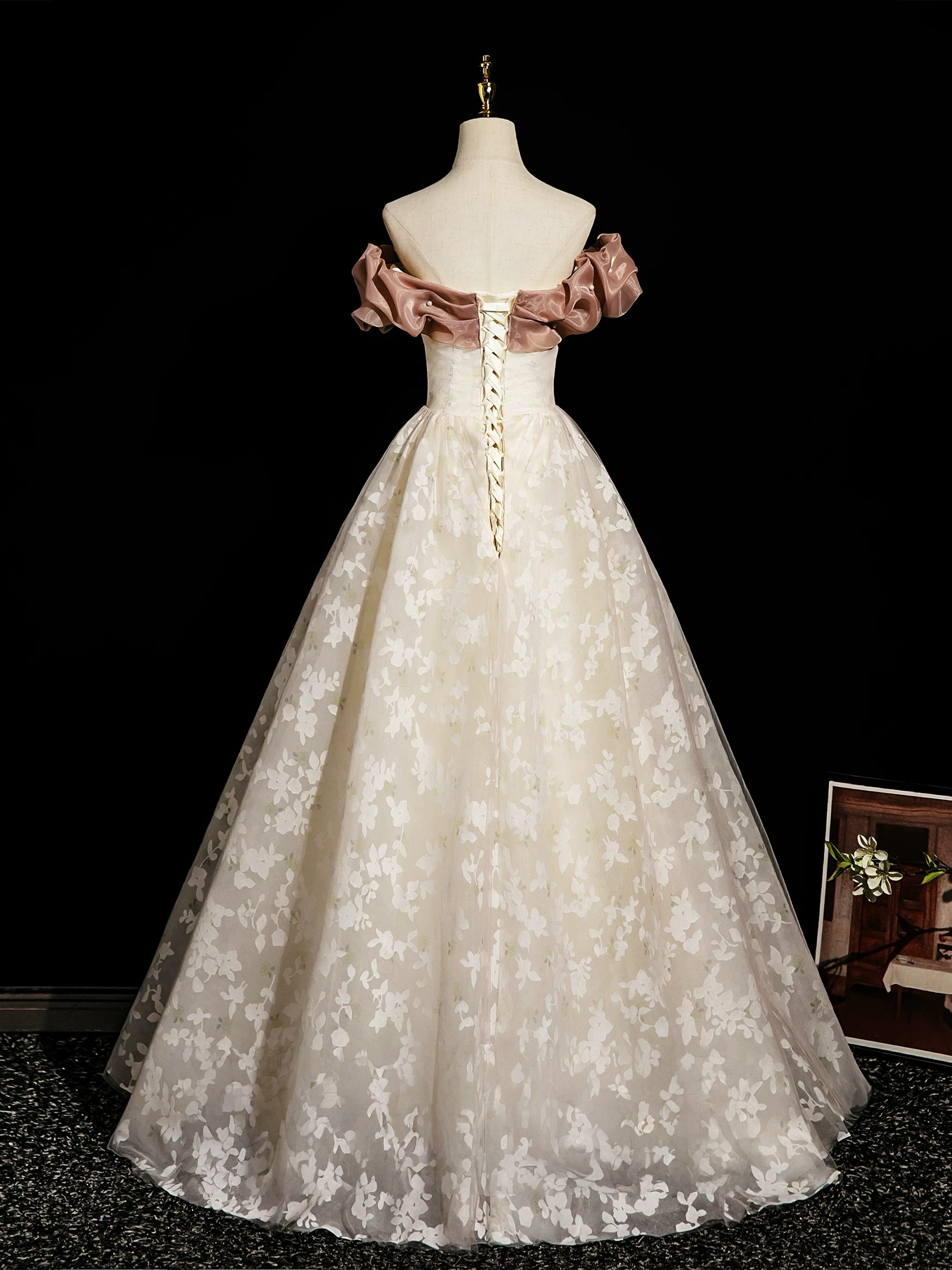 Champagne A-Line Lace Long Classy Prom Dress, Champagne Long Prom Dress