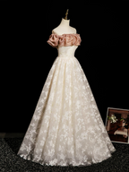 Champagne A-Line Lace Long Classy Prom Dress, Champagne Long Prom Dress