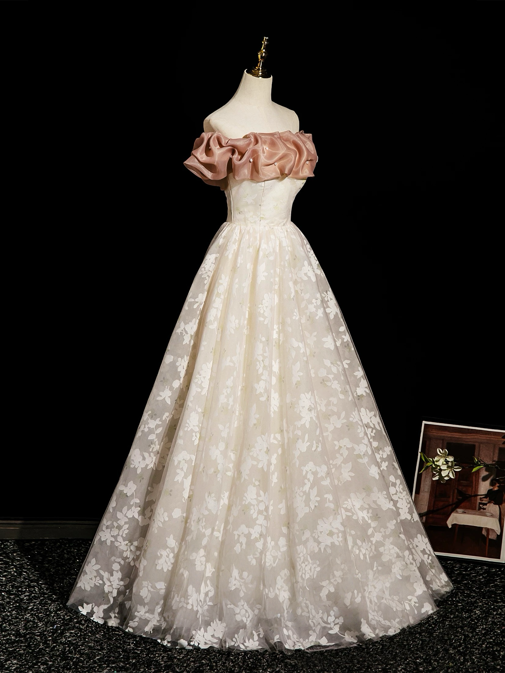 Champagne A-Line Lace Long Classy Prom Dress, Champagne Long Prom Dress