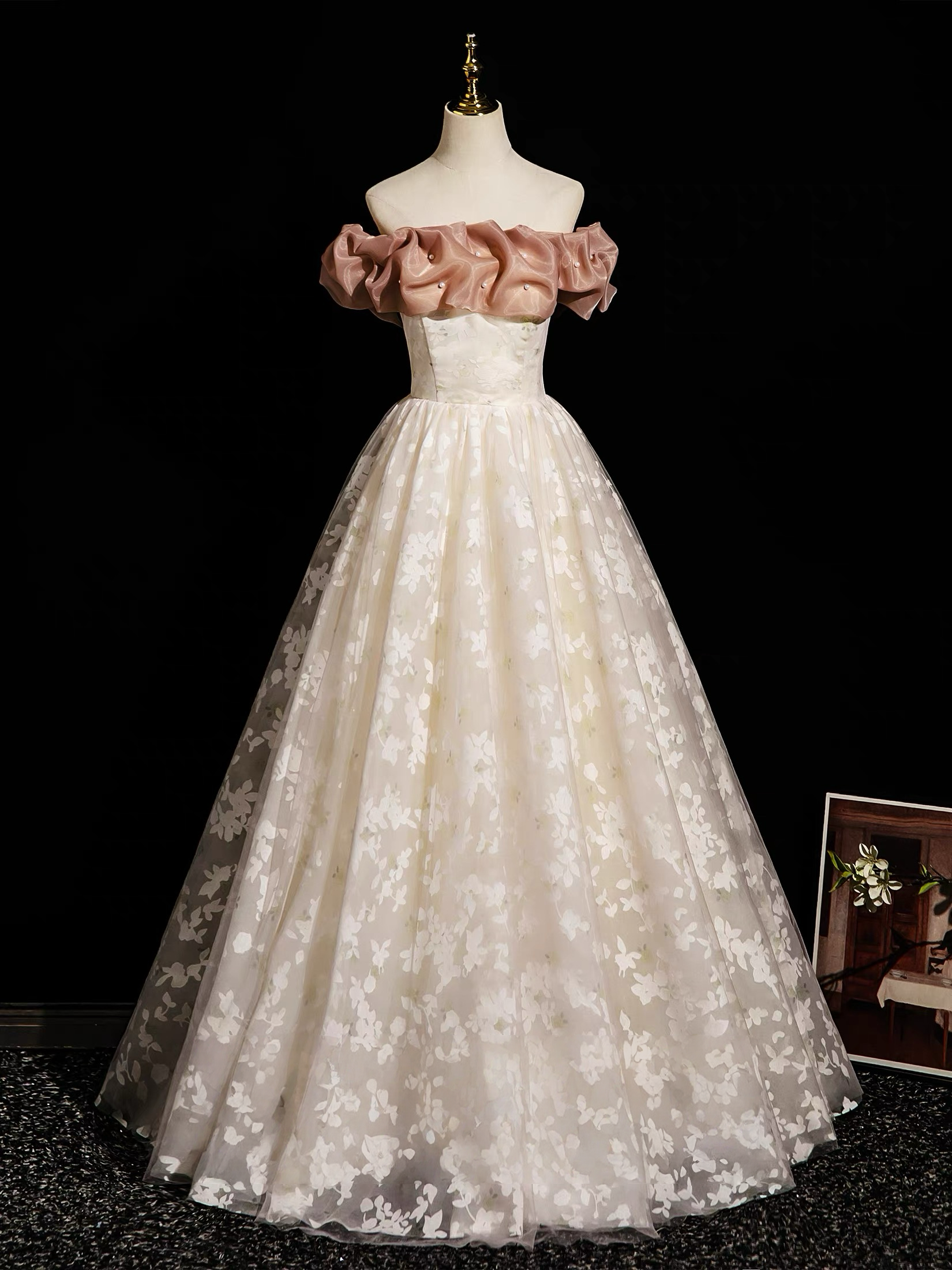 Champagne A-Line Lace Long Classy Prom Dress, Champagne Long Prom Dress