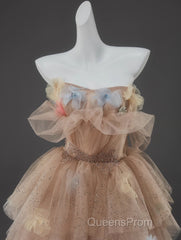 Champagne A-Line Off Shoulder Tulle Sequin Long Ball Dress Cute Layered Dress