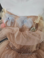 Champagne A-Line Off Shoulder Tulle Sequin Long Ball Dress Cute Layered Dress