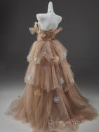 Champagne A-Line Off Shoulder Tulle Sequin Long Ball Dress Cute Layered Dress