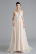 Champagne A-line Prom Dresses with Lace Top