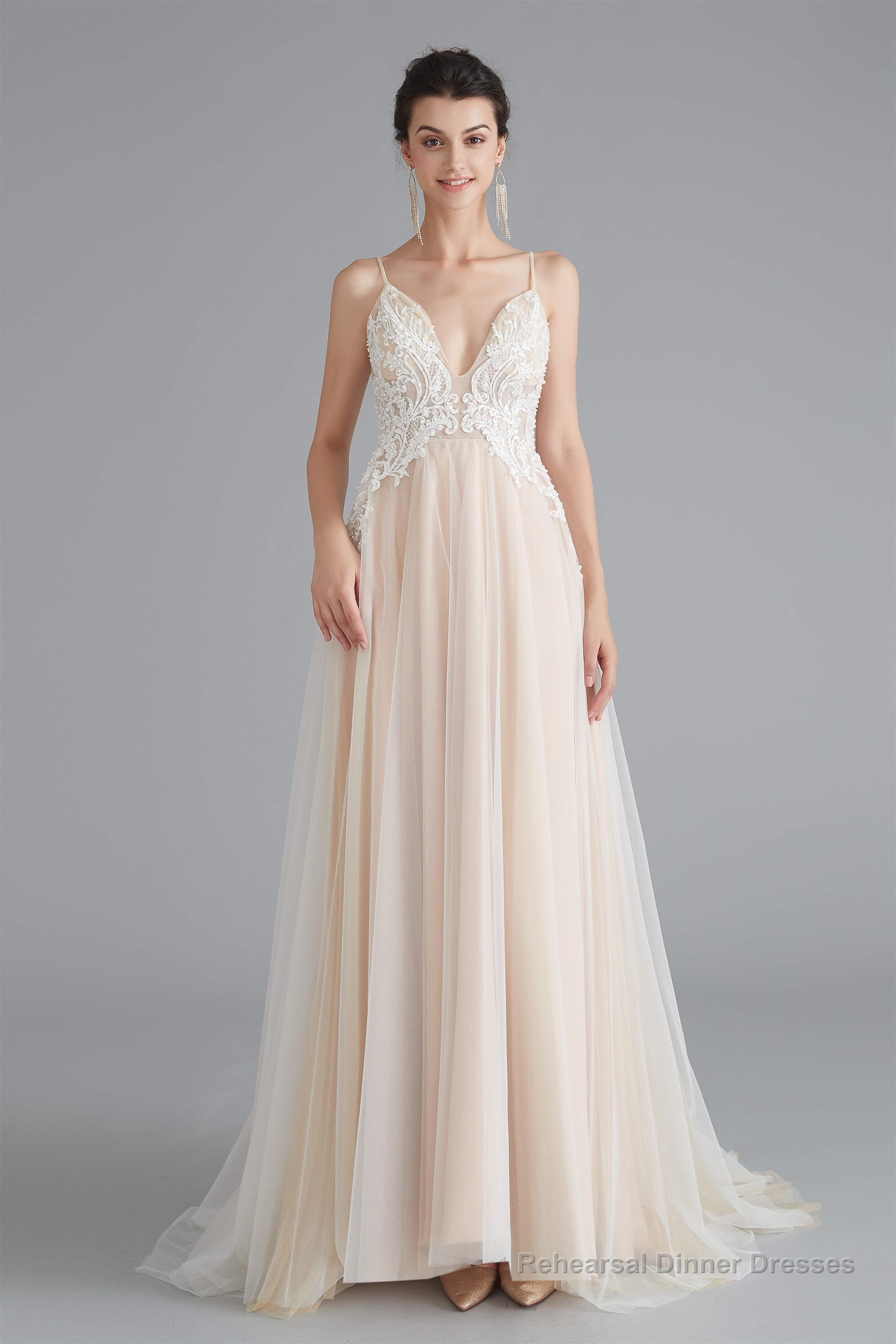 Champagne A-line Prom Dresses with Lace Top
