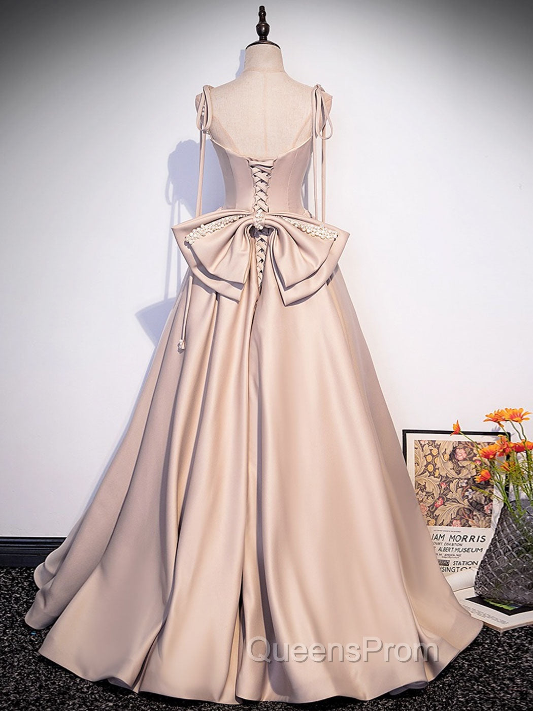 Champagne A-Line Satin Long Evening Prom Dress, Champagne Evening Dress
