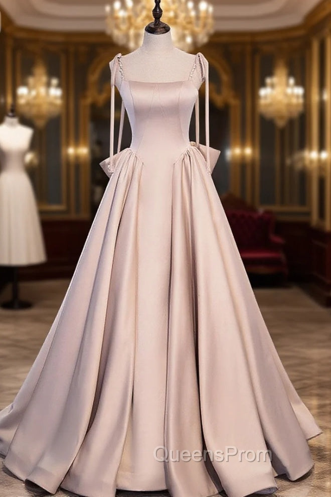 Champagne A-Line Satin Long Evening Prom Dress, Champagne Evening Dress