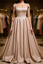 Champagne A-Line Satin Long Evening Prom Dress, Champagne Formal Evening Dress