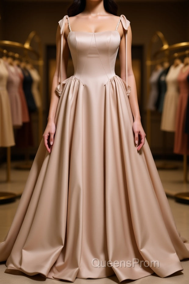 Champagne A-Line Satin Long Evening Prom Dress, Champagne Formal Evening Dress