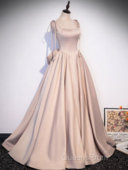 Champagne A-Line Satin Long Evening Prom Dress, Champagne Formal Evening Dress