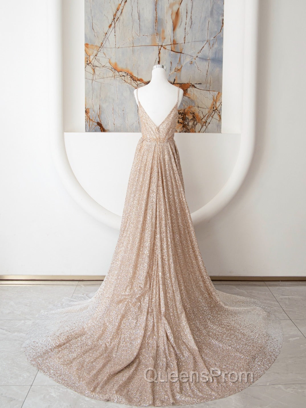 Champagne A Line Spaghetti Strap Sequins Long Evening Prom Dress Evening Dress Secondary image