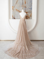 Champagne A Line Spaghetti Strap Sequins Long Evening Prom Dress Evening Dress