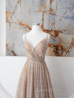 Champagne A Line Spaghetti Strap Sequins Long Evening Prom Dress Evening Dress