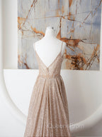 Champagne A Line Spaghetti Strap Sequins Long Evening Prom Dress Evening Dress