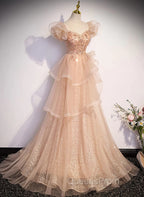 Champagne A-Line Tulle BeadedLong Evening Prom Dress, Champagne Evening Dress