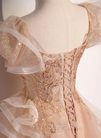 Champagne A-Line Tulle BeadedLong Evening Prom Dress, Champagne Evening Dress