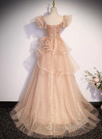 Champagne A-Line Tulle BeadedLong Evening Prom Dress, Champagne Evening Dress