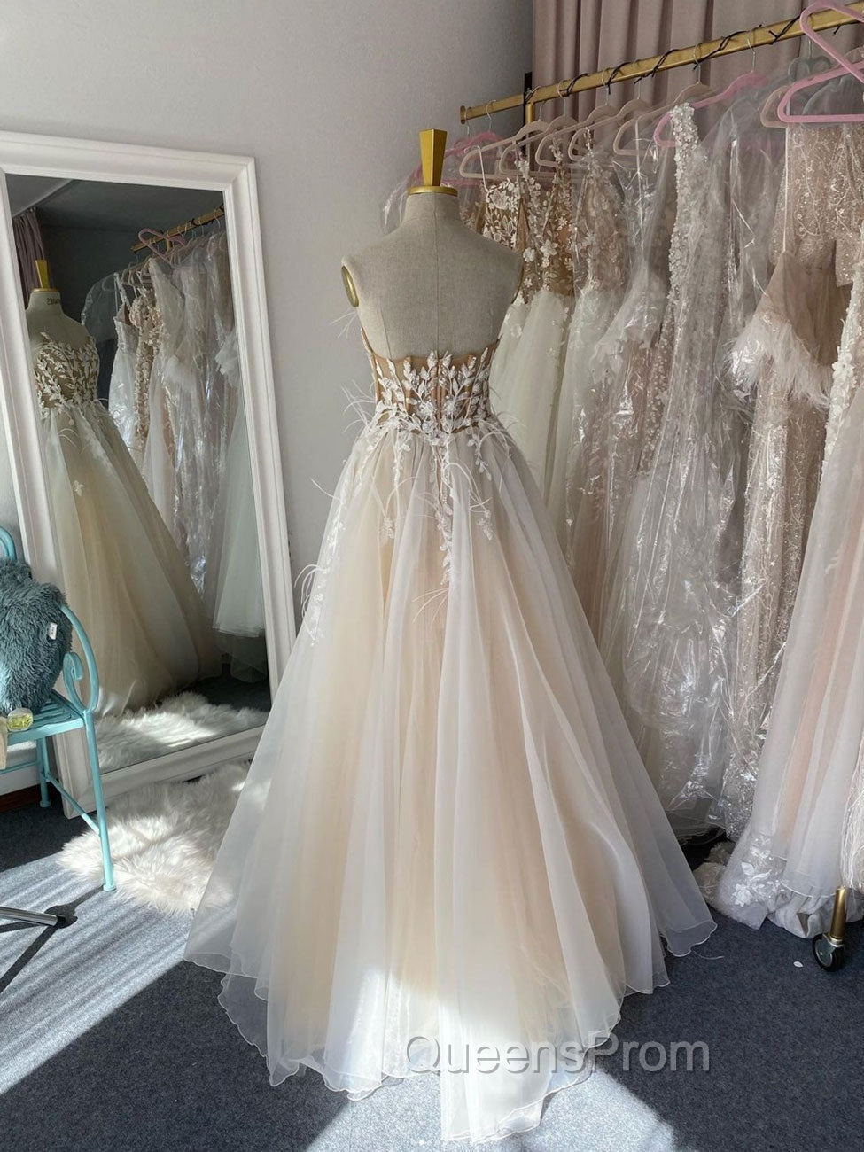 Champagne A -line Tulle Lace Long Evening Prom Dress, Lace Evening Dress Secondary image