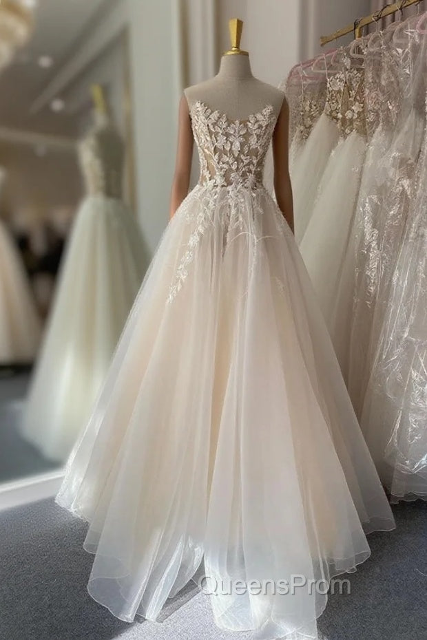 Champagne A -line Tulle Lace Long Evening Prom Dress, Lace Evening Dress