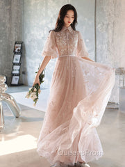 Champagne A-Line Tulle Lace Long Evening Prom Dress, Champagne Evening Dress