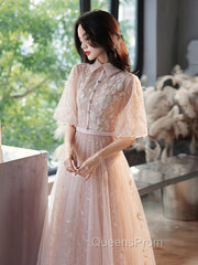 Champagne A-Line Tulle Lace Long Evening Prom Dress, Champagne Evening Dress