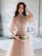 Champagne A-Line Tulle Lace Long Evening Prom Dress, Champagne Evening Dress