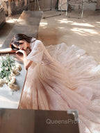 Champagne A-Line Tulle Lace Long Evening Prom Dress, Champagne Evening Dress