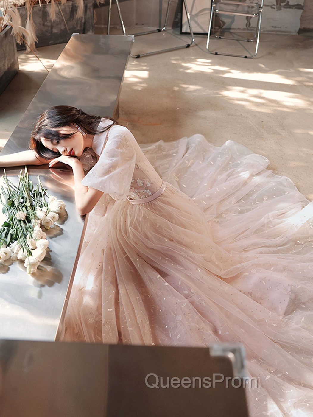Champagne A-Line Tulle Lace Long Evening Prom Dress, Champagne Evening Dress