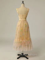 Champagne A Line Tulle Lace Tea Length Evening Prom Dress, Champagne Evening Dress