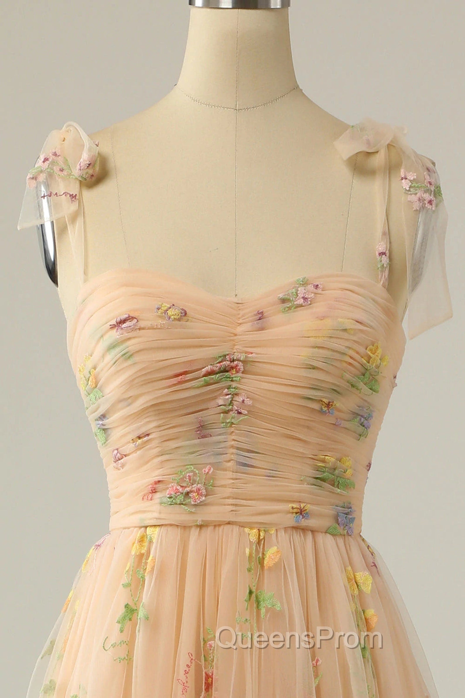 Champagne A Line Tulle Lace Tea Length Evening Prom Dress, Champagne Evening Dress