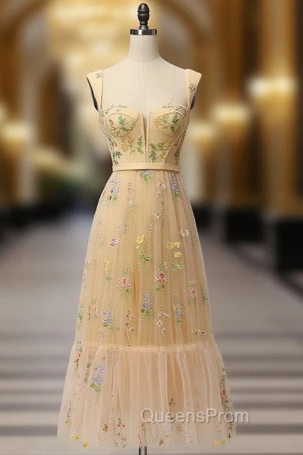 Champagne A Line Tulle Lace Tea Length Evening Prom Dress, Champagne Evening Dress Main image