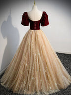 Champagne A Line Tulle Long Classy Prom Dress, Champagne Prom Dress