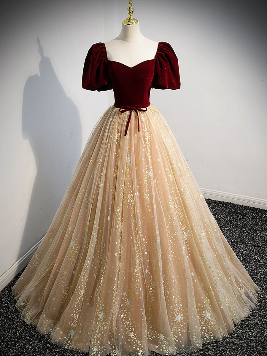 Champagne A Line Tulle Long Classy Prom Dress, Champagne Prom Dress