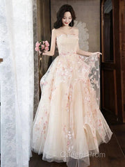 Champagne A-Line Tulle Sequins Long Evening Prom Dress Embroidery Applique Formal Evening Dress