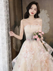Champagne A-Line Tulle Sequins Long Evening Prom Dress Embroidery Applique Formal Evening Dress