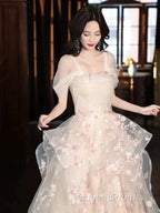 Champagne A-Line Tulle Sequins Long Evening Prom Dress Embroidery Applique Formal Evening Dress
